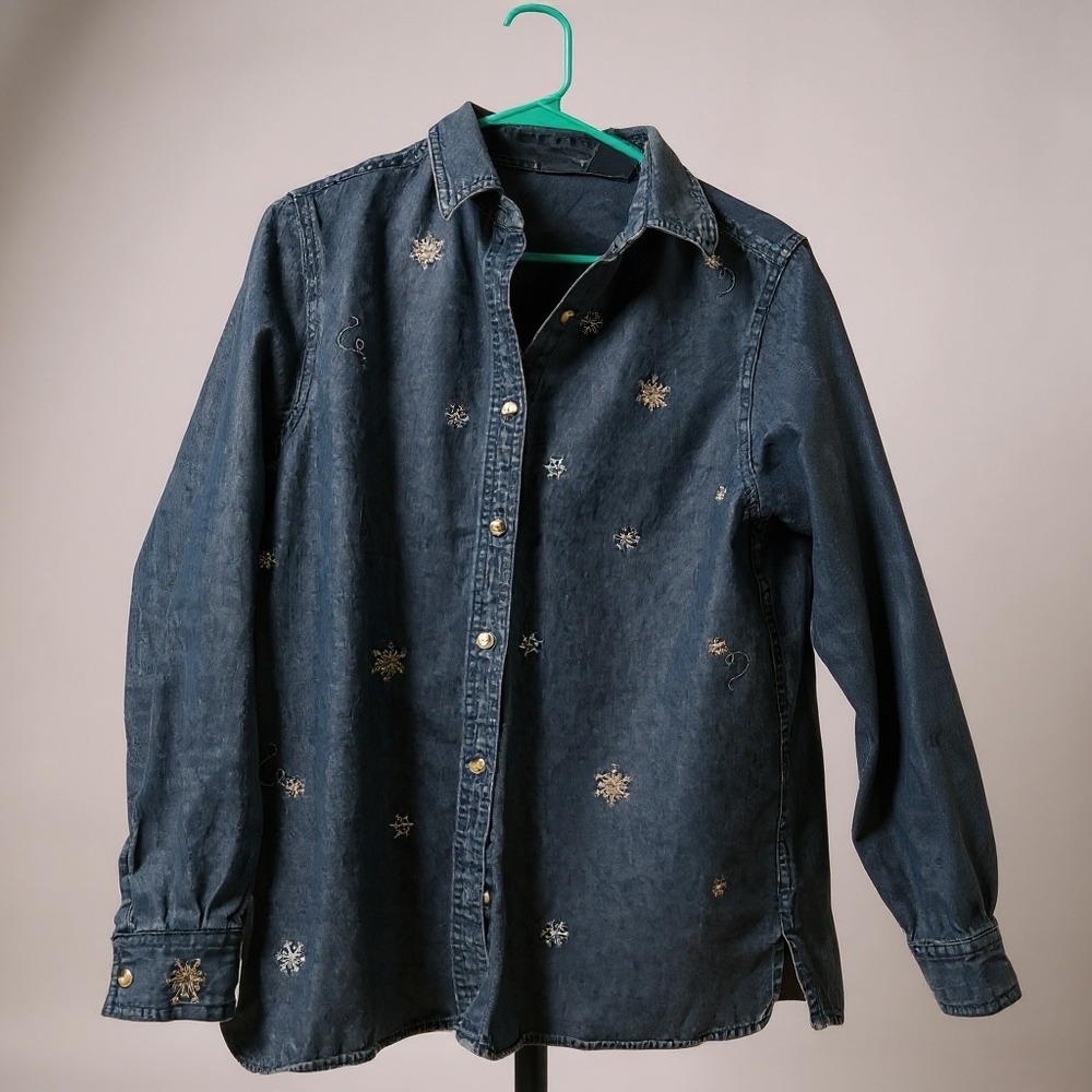 Womens Denim Long Sleeve Shirt Snowflake Embroidery Blue Button Down Casual Top
